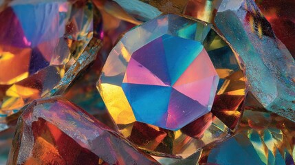 Faceted, clustered gems reflect vibrant hues, creating a glittering, abstract texture