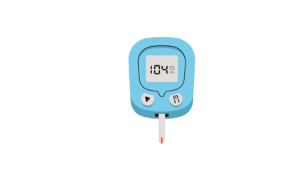 A light blue digital glucose meter with a blood test strip.