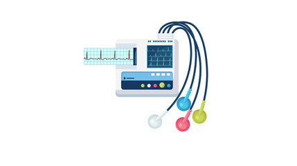 Vector illustration of a medical electrocardiogram (ECG) machine with a screen showing a heart rhythm, leads, and colorful electrodes.