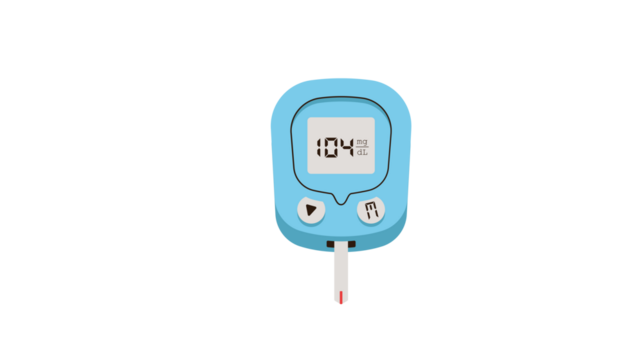 A light blue digital glucose meter with a blood test strip.