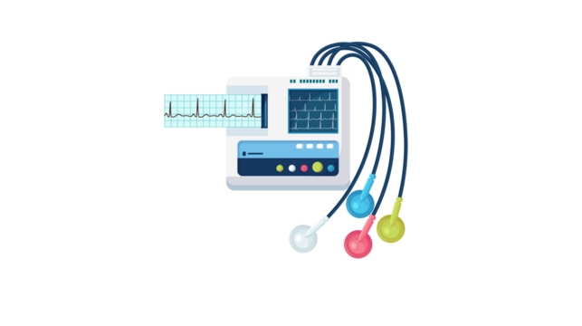 Vector illustration of a medical electrocardiogram (ECG) machine with a screen showing a heart rhythm, leads, and colorful electrodes.