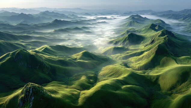 Misty mountain ranges, vibrant green valleys. High-altitude view of rolling hills bathed in morning light