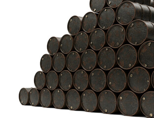 A close-up view of a large, weathered pyramid-like stack of rusty metallic barrels, showing the tops of the barrels.