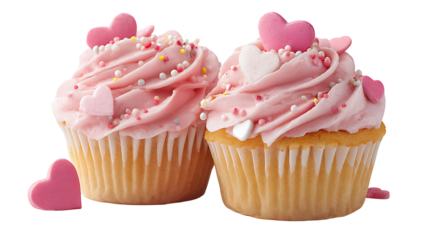 Chocolate cupcake with pink frosting and candy, isolated on a white background