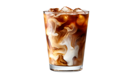 Glass of iced coffee with milk swirl, isolated on a white background