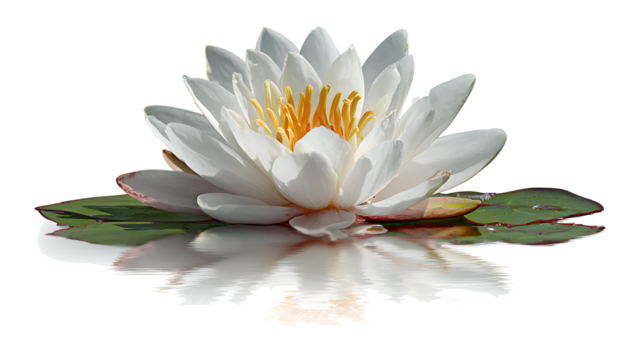White water lily floating on calm pond, isolated on a white background. 