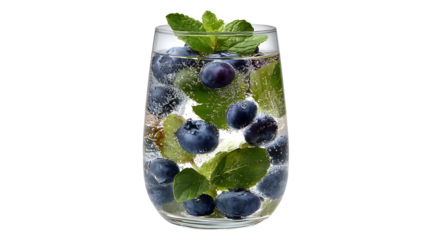 Blueberry and mint infused sparkling water, isolated on a white background