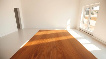 Modern minimalist interior with bright sunlight streaming through the window onto elegant wood table
