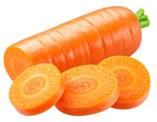 Freshly sliced carrots with vibrant orange tones against a white background.