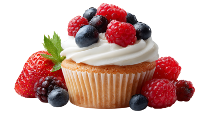 Cupcake topped with fresh berries and cream, isolated on a white background
