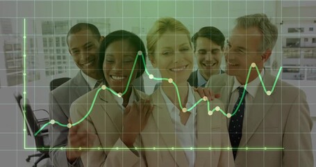 Business team standing by windows, with green grid spawning rising line graph and making phone call - Powered by Adobe