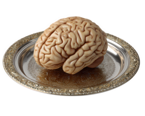 Realistic brain on ornate silver platter, educational concept, science illustration, surreal, thought provoking, isolated on transparency background