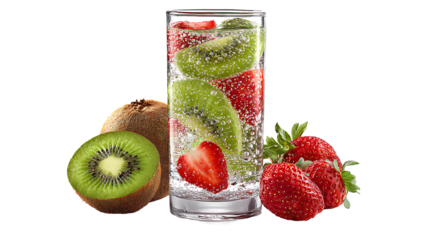 Fresh kiwi and strawberry infused sparkling water, isolated on a white background