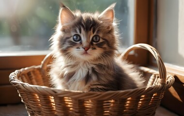 Realistic photo of a fluffy kitten sitting in a basket with natural sunlight, cozy warm atmosphere, high detail fur