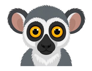 Obraz premium Engaging close-up of a lemur's head, showcasing large, bright eyes and detailed fur patterns against a clean white background.