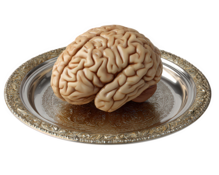 Realistic brain on ornate silver platter, educational concept, science illustration, surreal, thought provoking, isolated on transparency background