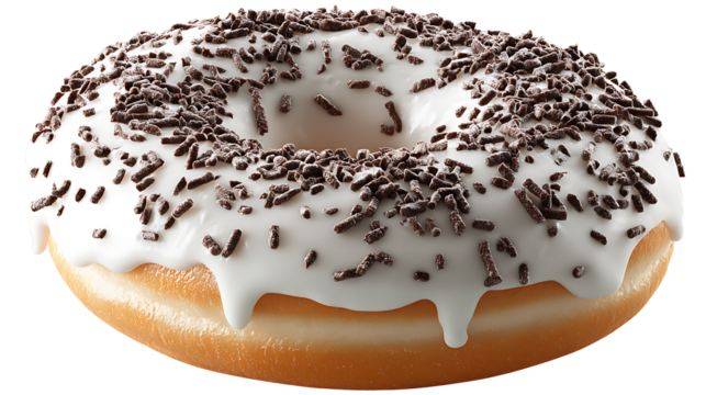 Donut with white icing and chocolate sprinkles, isolated on a white background