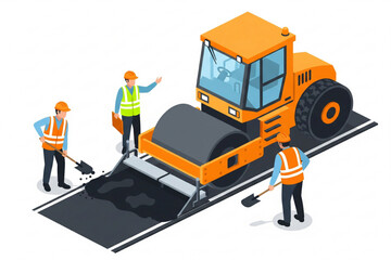 Isometric Vector Illustration of Road Construction Workers with Asphalt Roller Machine