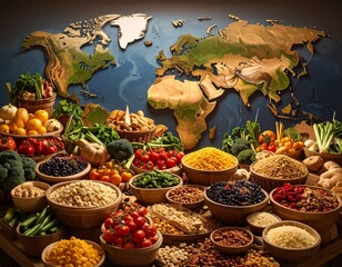 A vibrant assortment of global foods, showcasing diverse ingredients and culinary traditions, arranged before a world map.