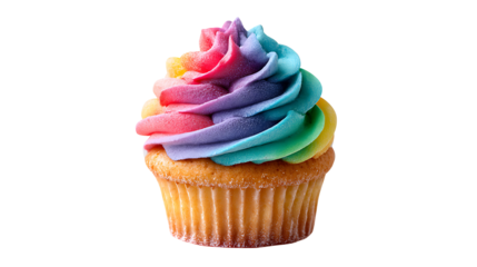 Cupcake with rainbow-colored frosting, isolated on a white background