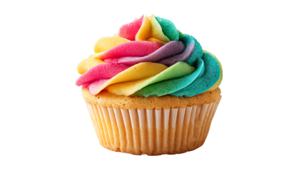 Cupcake with rainbow-colored frosting, isolated on a white background