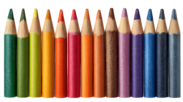 Set of colorful crayons arranged in a row isolated on a white background
