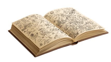 Open notebook with doodles and sketches isolated on a white background