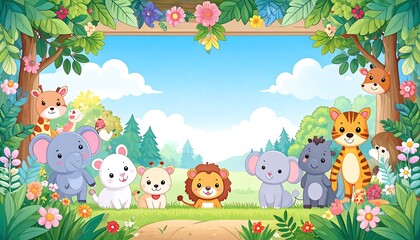 Naklejka premium Cute animals in a lush forest scene