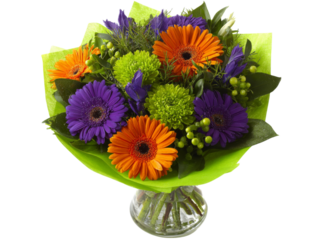 Vibrant gerbera and chrysanthemum bouquet in lime green wrap, Isolated On White, Png Transparent