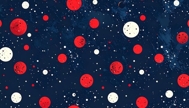 A vibrant pattern of red and white circles against a navy blue background with textured details. - Powered by Adobe