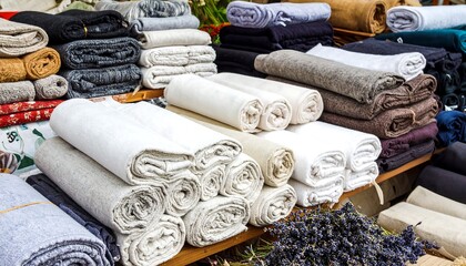 Rolled fabric displays at outdoor market