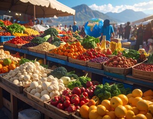 A vibrant outdoor market stall overflowing with a colorful assortment of fresh fruits and vegetables, with mountains in the background.