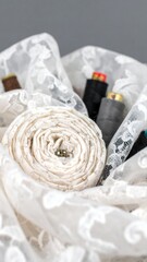 Rolled fabric, lace, and sewing thread