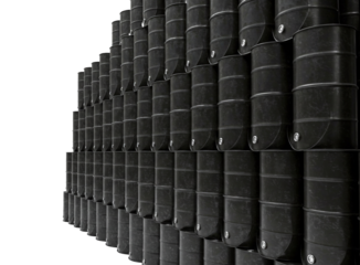 A large wall of numerous black metallic barrels stacked in a neat, symmetrical pattern against a plain, light background.