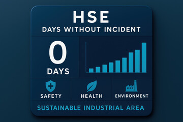HSE safety health environment sign with zero days without incident promotes sustainable industrial area commitment and awareness for workplace