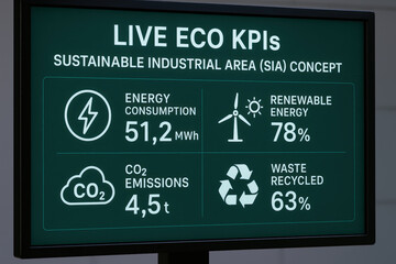 Sustainable industrial area sia concept with live eco KPIs including energy consumption renewable energy CO2 emissions and waste recycled