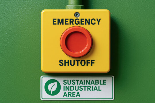 Emergency shutoff button in sustainable industrial area sia with green wall and safety sign for protection