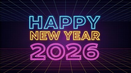 Obraz premium Happy New Year 2026 Neon Sign on Retro Grid Background text