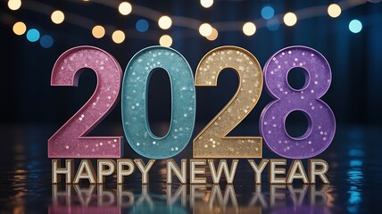 Happy New Year 2028 Glittering Numbers With Bokeh Lights Background celebration festive