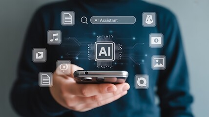 Person holding smartphone with AI assistant interface and app icons artificial intelligence