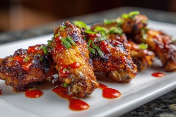 Close-up of crispy, glazed chicken wings on a white platter