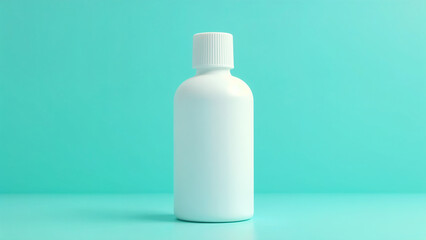 White plastic bottle with pills on blue background. Medicine concept. Mockup for design. Top view