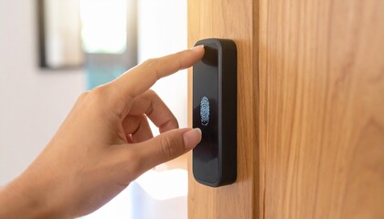 Generated Image: Close-up of a person’s hand unlocking a smart door with a biometric fingerprint scanner integrated seamlessly into a minimalist door handle, bathed in soft ambient light.