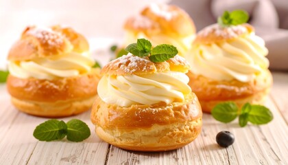 Creamy pastries on a light wooden surface