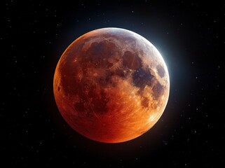 Obraz premium Super Blood Moon During Lunar Eclipse Against Dark Starry Sky with Detailed Moon Surface, Illustrating Astronomy, Cosmic Exploration, and Night Sky Observation Themes.
