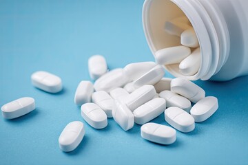 White pills spilled from a white plastic bottle on a light-blue surface (1)