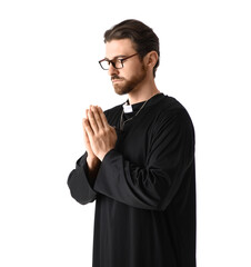Handsome priest in eyeglasses praying on white background