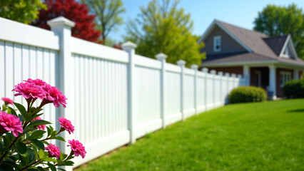 Fototapeta premium White Picket Fence with Pink Flowers and Sunny Green Lawn