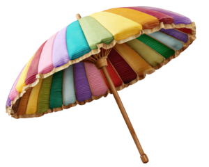 Colorful beach umbrella with wooden pole, striped fabric, outdoor sunshade, summer accessory, cheerful and vibrant, perfect for seaside relaxation and sunny days