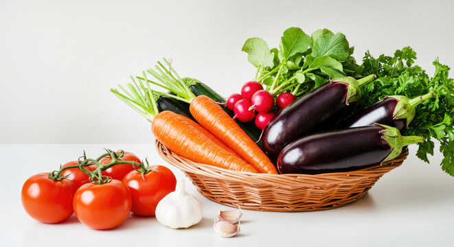 Freshly harvested vegetables in wicker basket including eggplants, carrots, and ripe tomatoes